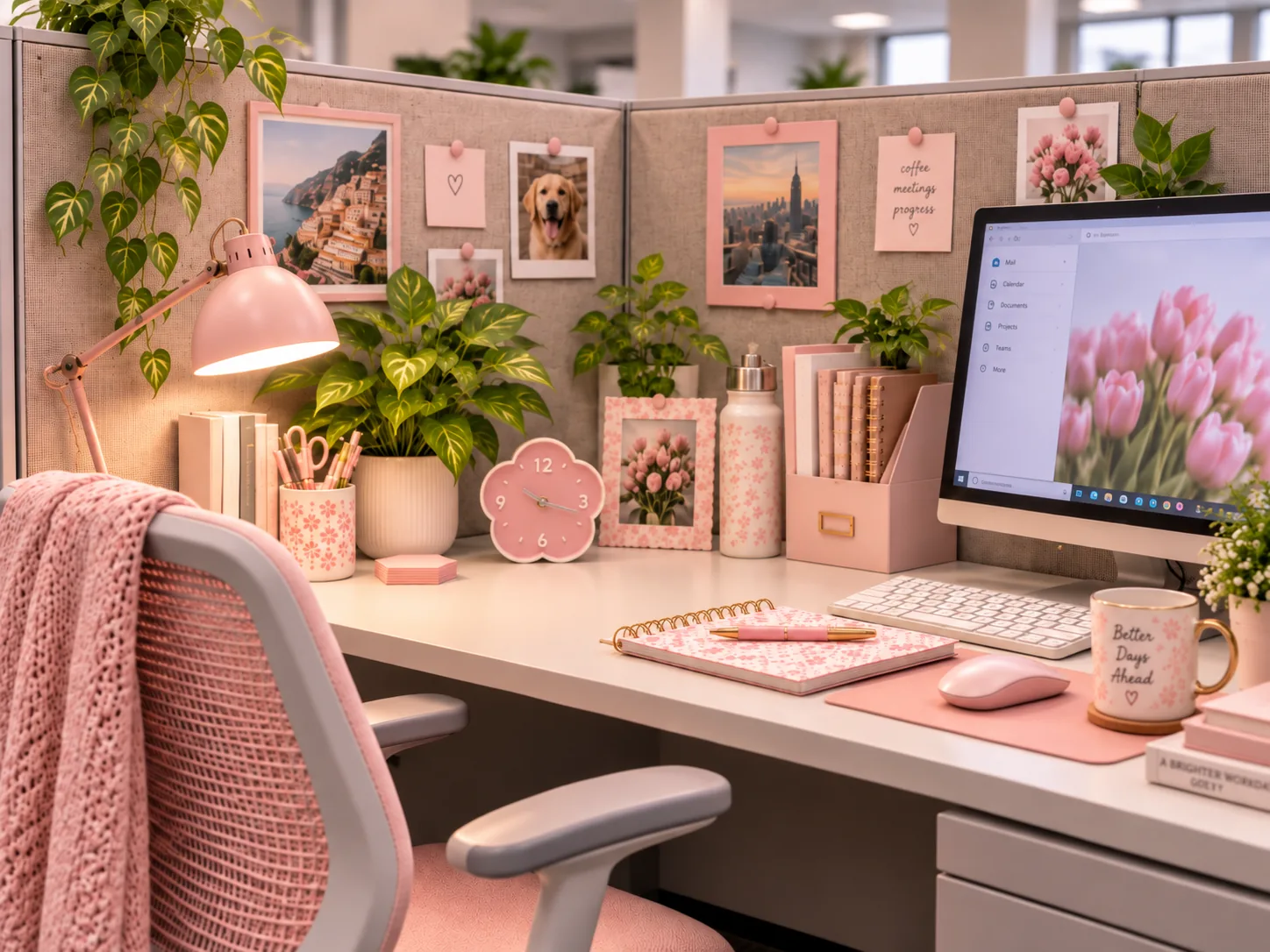 Pink-themed office cubicle with a flower-shaped desk clock, pink desk lamp, green plants, framed photos, notebooks, stationery, computer monitor, and a pink office chair.