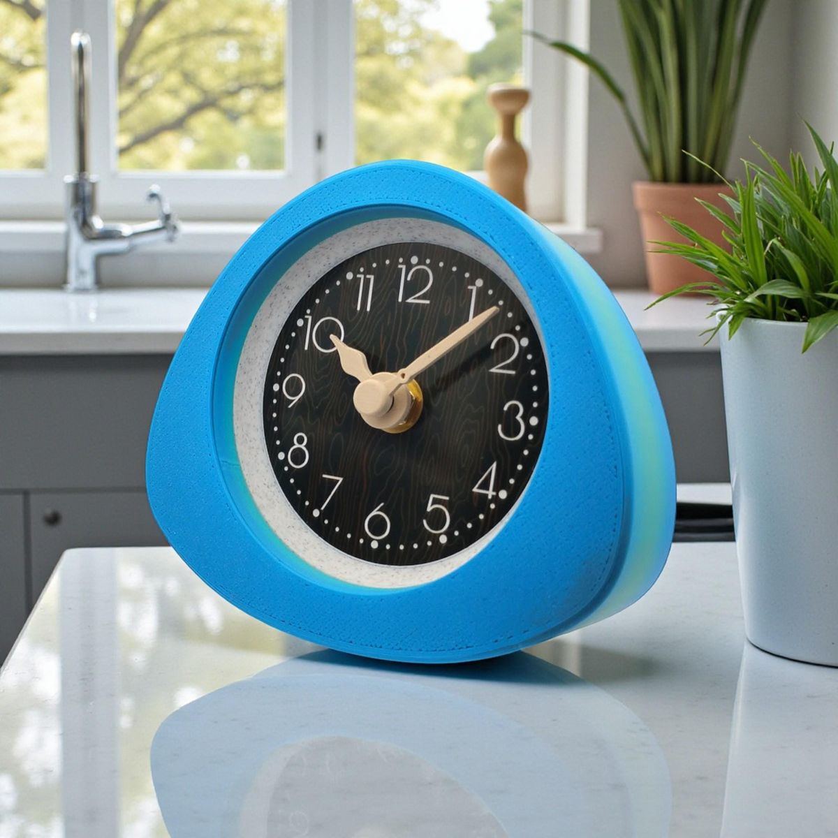 Blue Dark Wood Triangle Clock