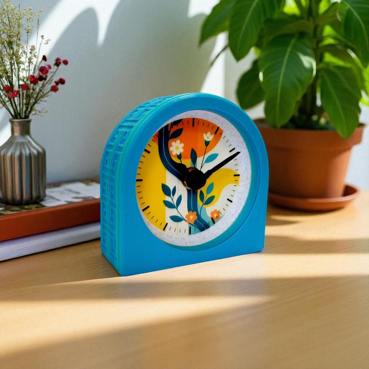 Blue Retro Floral Clock — view 2