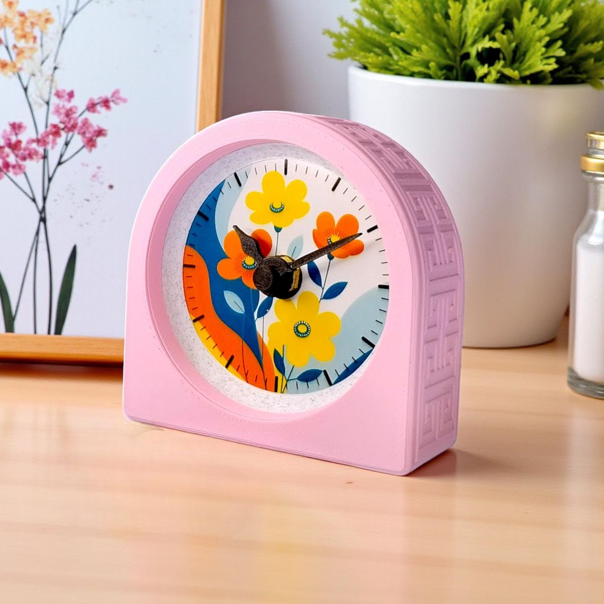 Blush Pink Retro Floral Clock — view 2