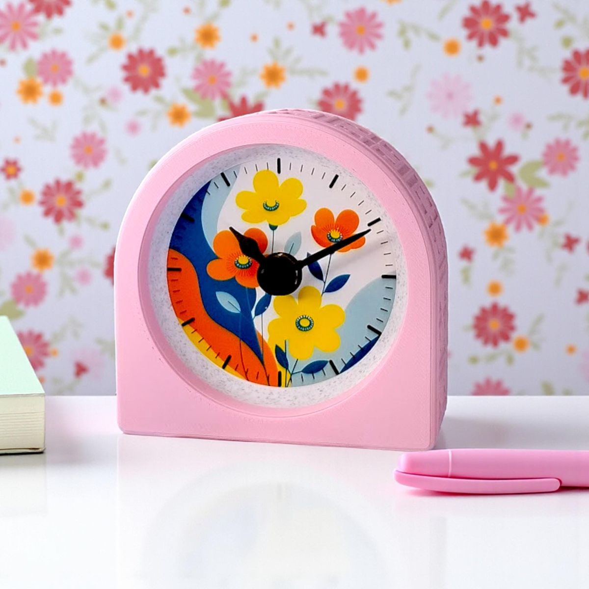 Blush Pink Retro Floral Clock — view 3