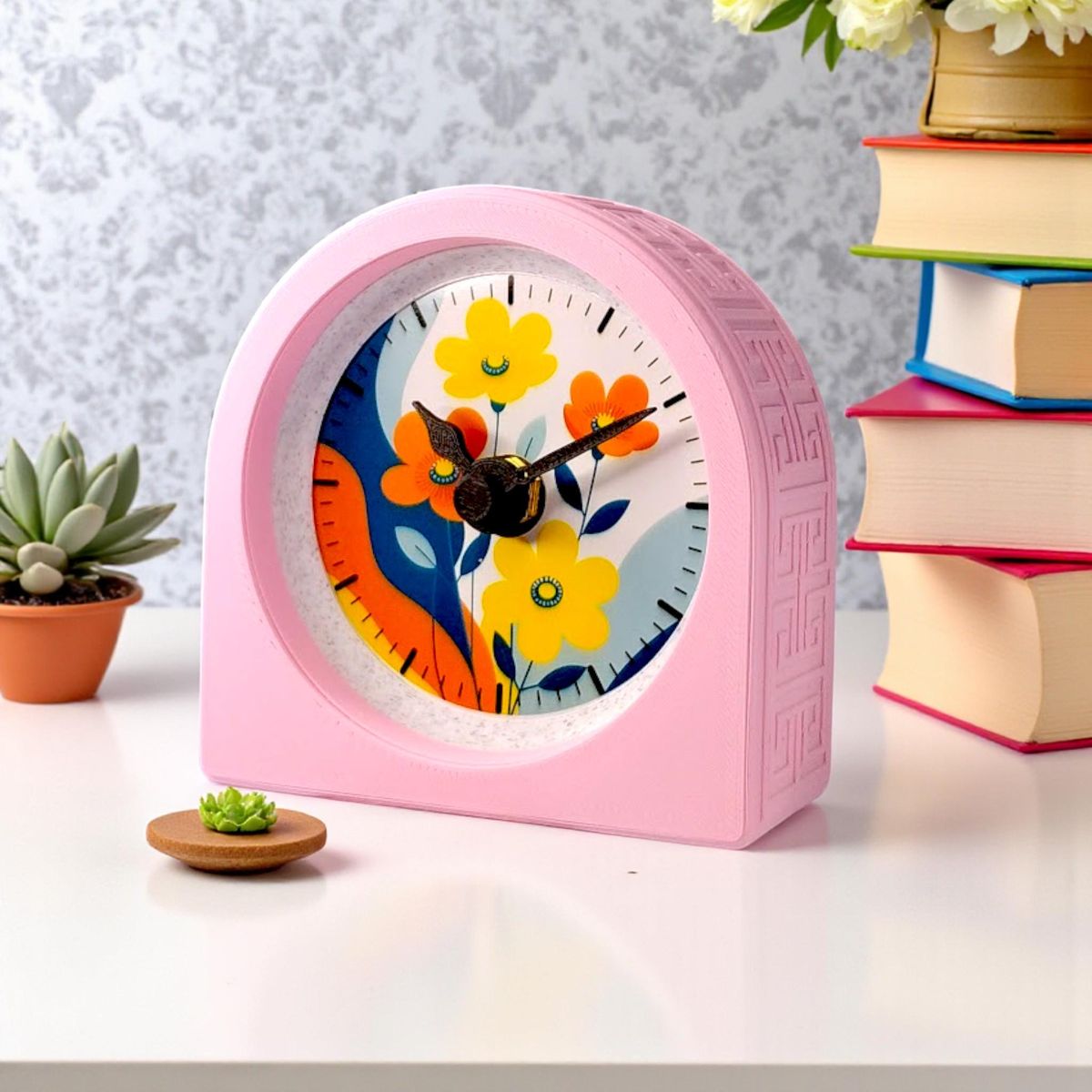 Blush Pink Retro Floral Clock — view 6