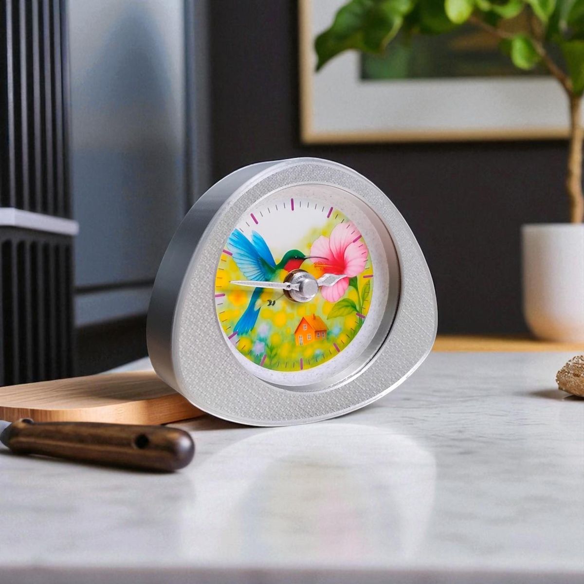 Silver Hummingbird Triangle Clock