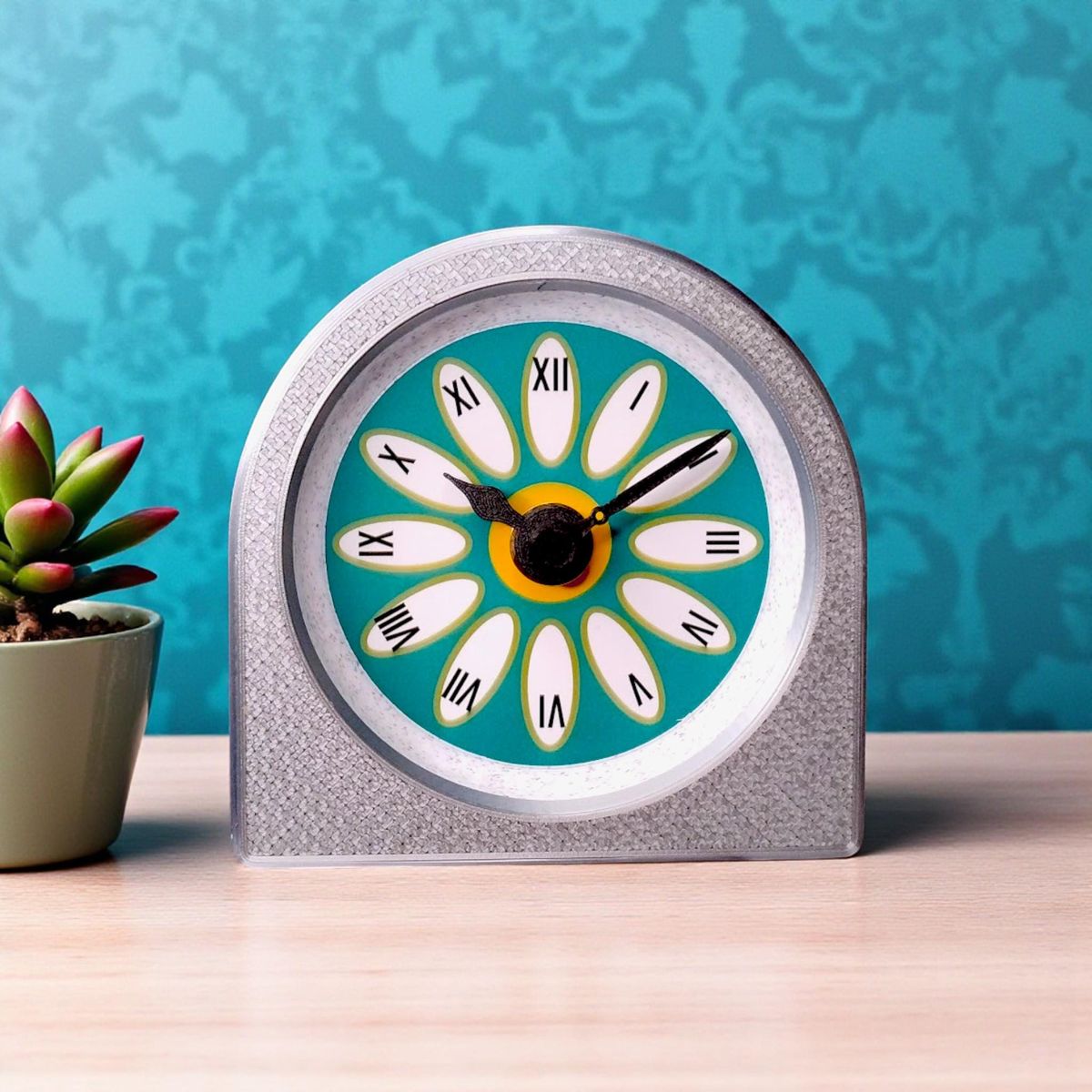 Silver Teal Daisy Clock
